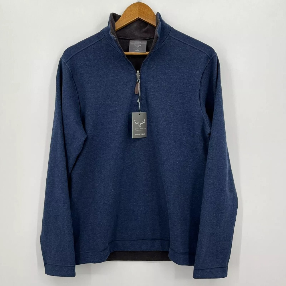 Age of Wisdom Sweatshirt Men's S Blue Brown‎ Reversible 1/4 Zip Pullover New NWT